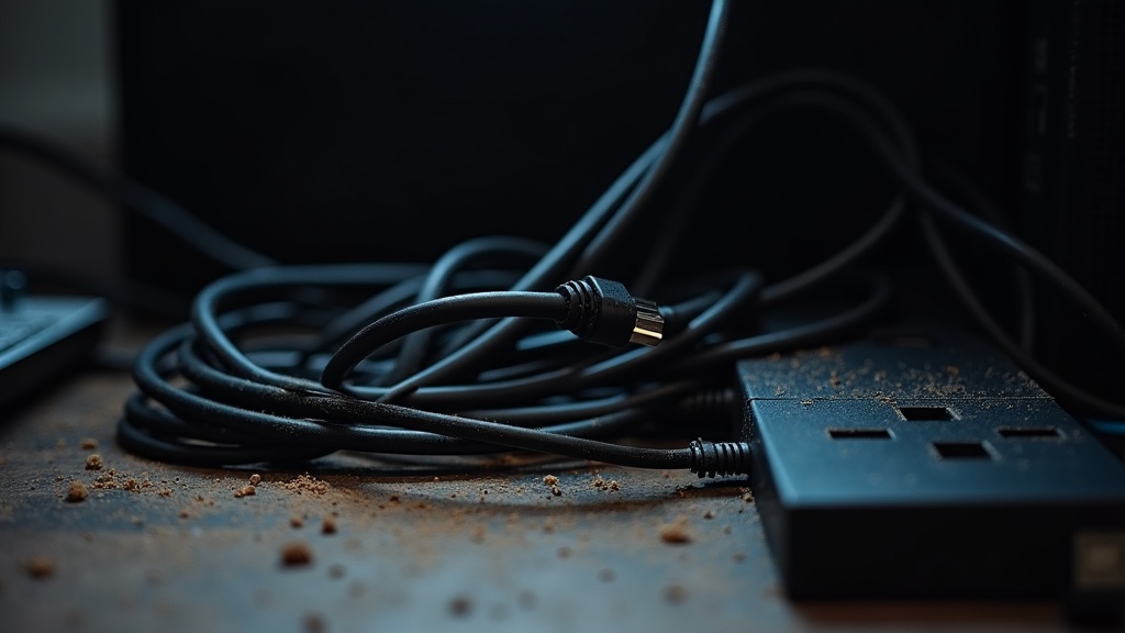 デスク下で絡み合い雑然としたケーブル類とホコリが溜まった配線の様子