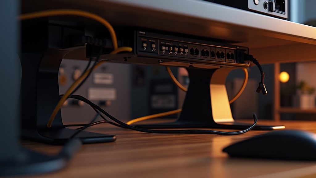 デスク裏にケーブルトレーを取り付け電源タップと配線を整理したデスクトップPC環境の裏側