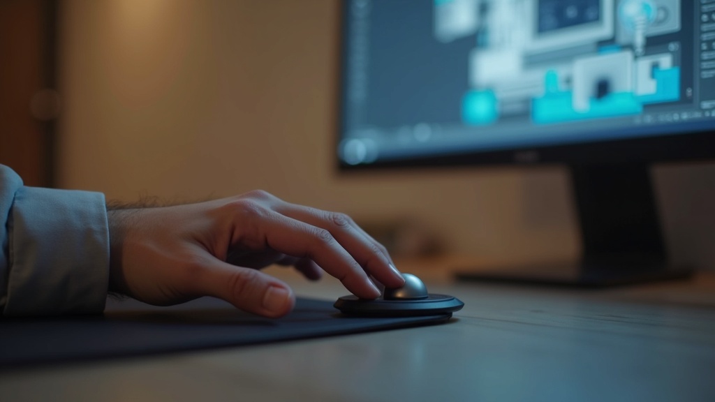 手首をデスクに置いたままフィンガートラックボールで精密操作している様子