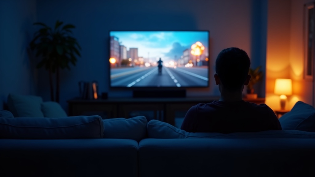 サウンドバーでアクション映画を視聴する没入感のあるホームシアター体験