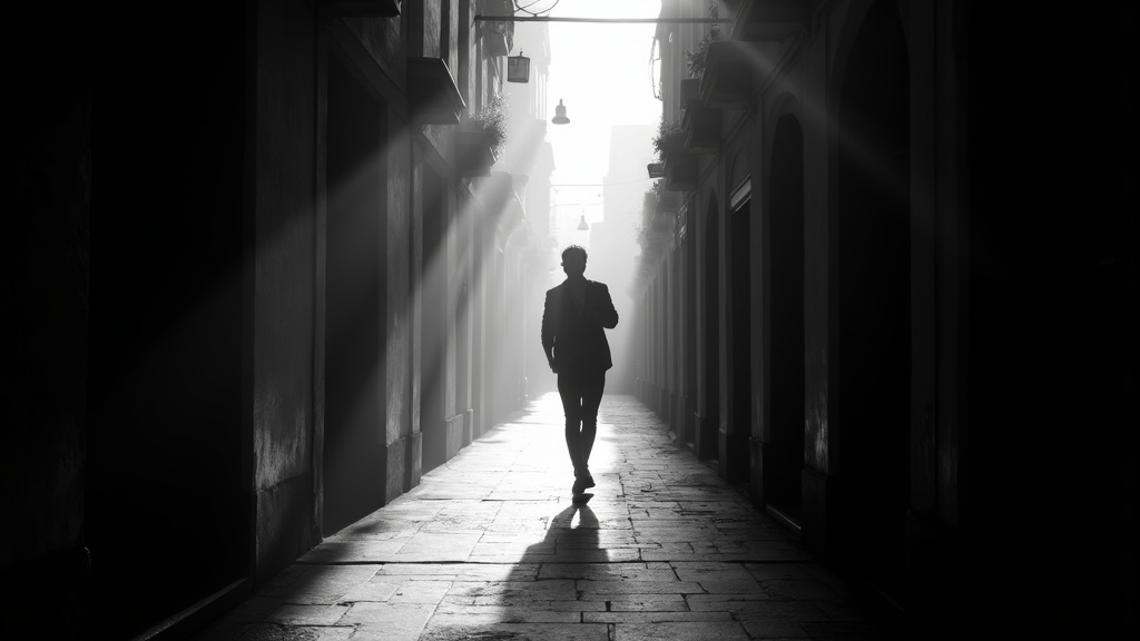 モノクロ専用機で撮影した都市路地の強烈な光と影のコントラストが際立つ街スナップ写真