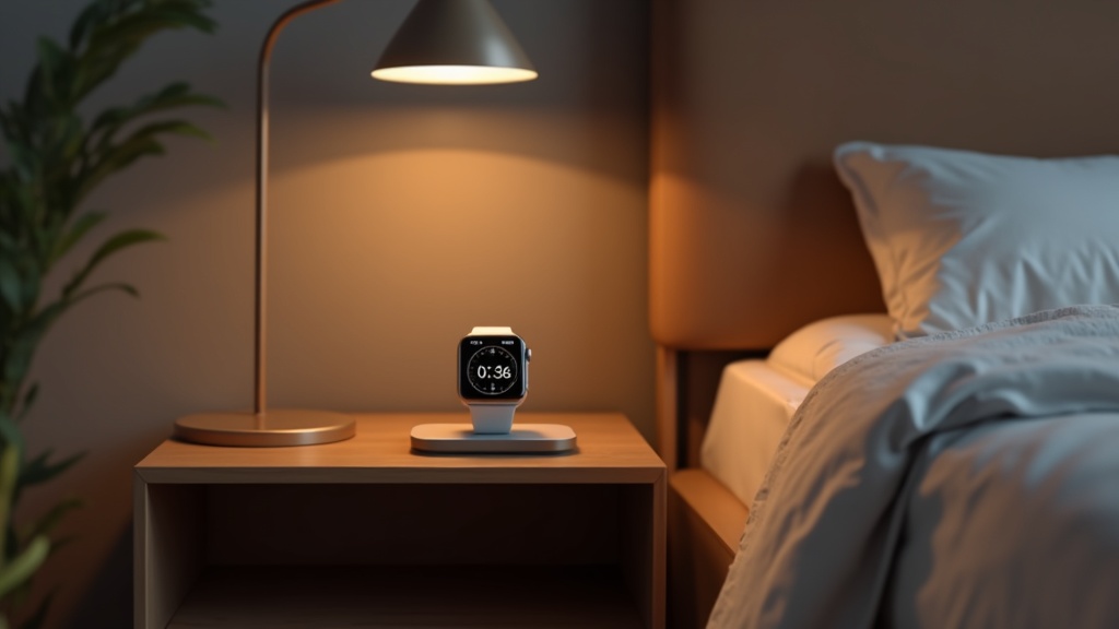 ベッドサイドの充電スタンドに立てかけられたスマートウォッチ。ナイトスタンドモードで時刻表示中