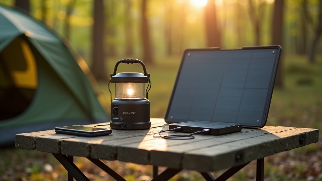 キャンプサイトのテーブルに置かれたポータブル電源にスマートフォンとLEDランタンを接続し充電している様子