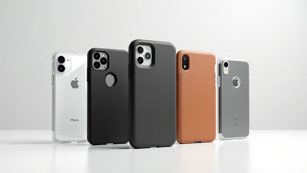 薄型・耐衝撃・レザーなど用途別スマートフォンケース5種類を並べた比較イメージ