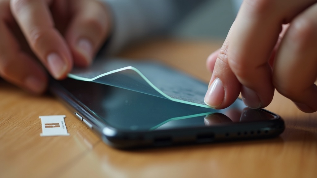 スマートフォンにガラスフィルムを丁寧に貼り付けている手元のクローズアップ