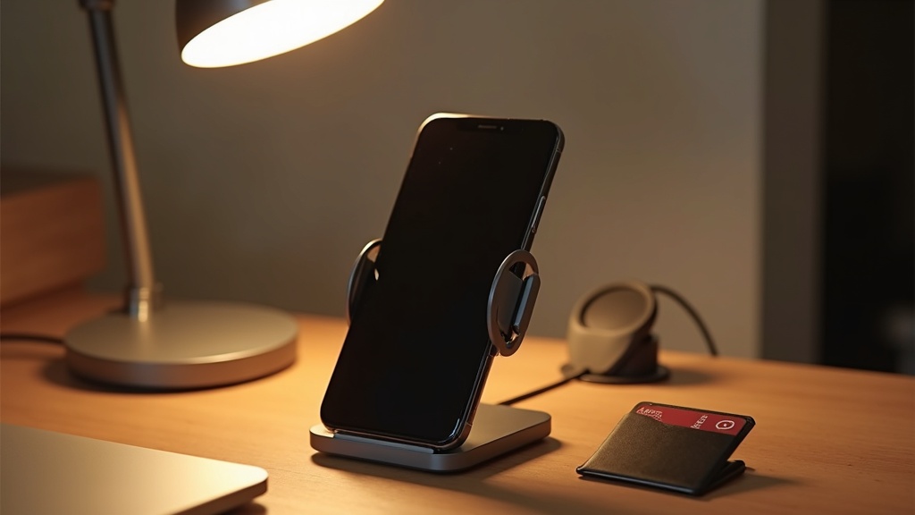 MagSafe対応スタンドで充電しながらMagSafeウォレットを装着したスマートフォンのデスク活用シーン