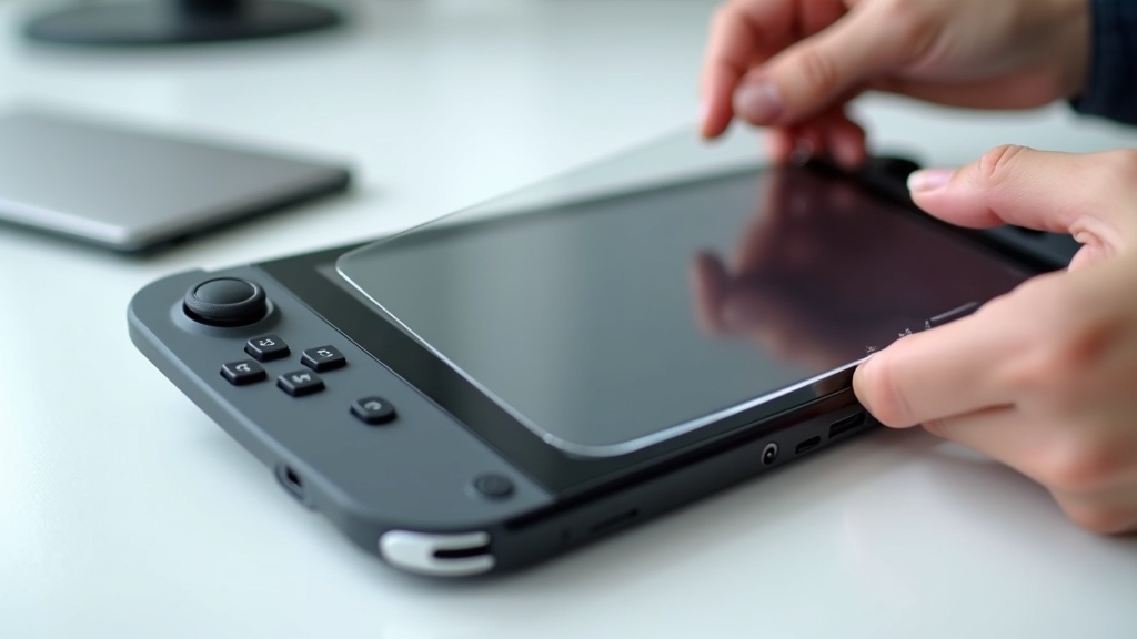 Nintendo Switch 2画面への強化ガラスフィルム貼り付け作業とPETフィルムの比較シーン