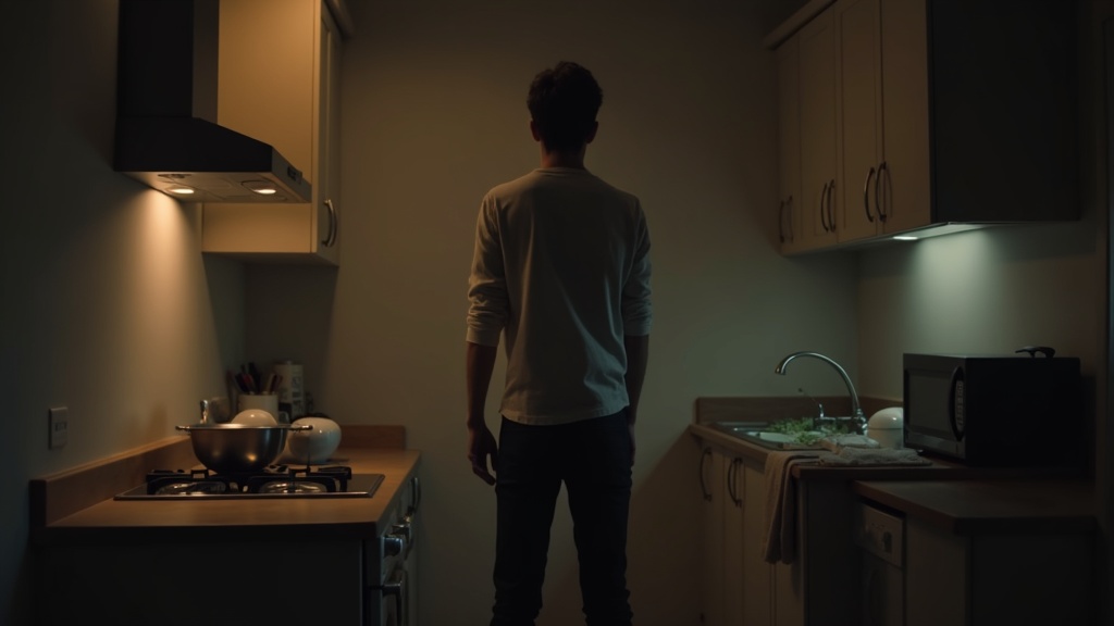 仕事終わりに一人で山積みの食器と向き合う一人暮らしの疲労感を表す場面