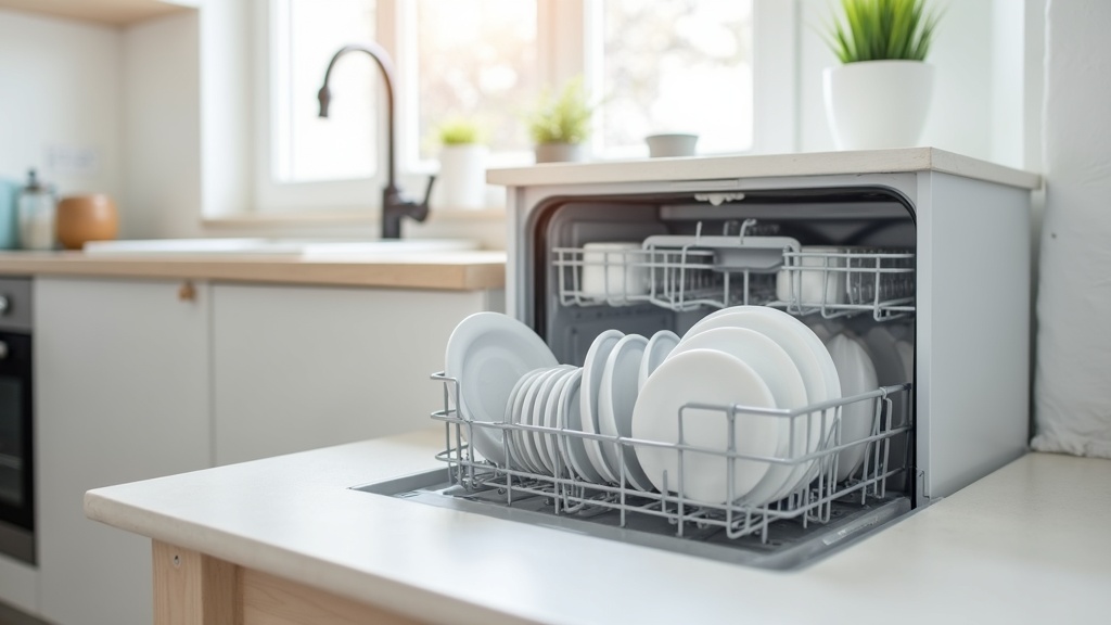 一人暮らしのシンク横に設置されたコンパクト卓上食洗機が食器を自動洗浄している様子