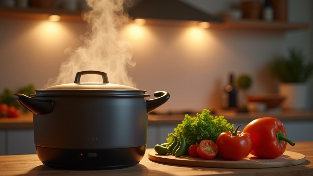 キッチンカウンターで自動調理中の電気圧力鍋と新鮮な食材、帰宅後すぐ食べられる時短調理の様子