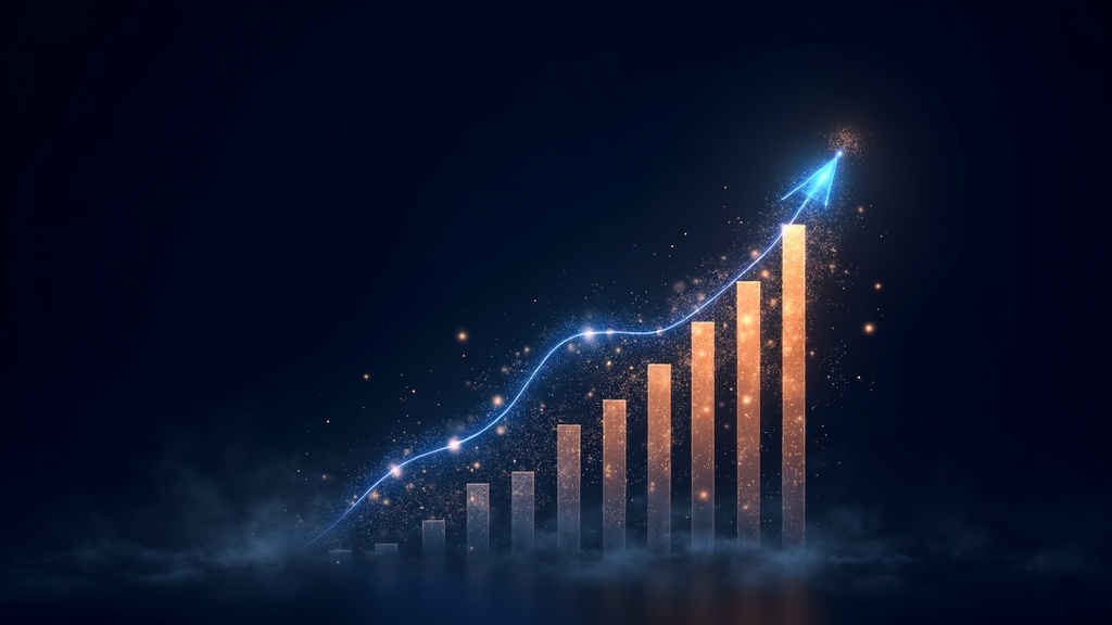 AI副業市場の急成長を示すデジタルグラフとネットワークのビジュアルイメージ