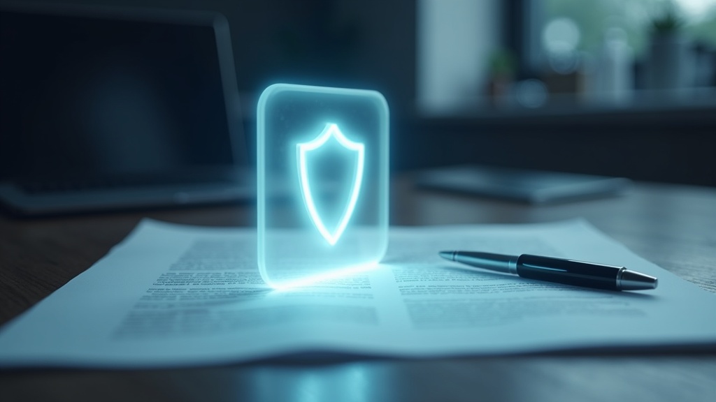 AI副業における著作権や法的リスク管理を象徴する書類と保護シールドのイメージ