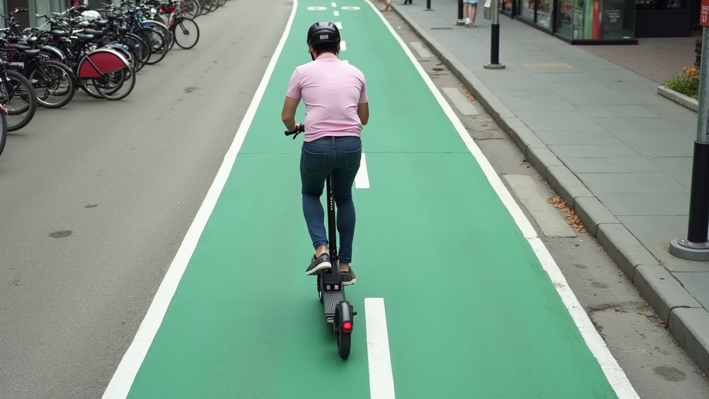 改正道路交通法後に自転車道を走行する電動キックボードのライダー