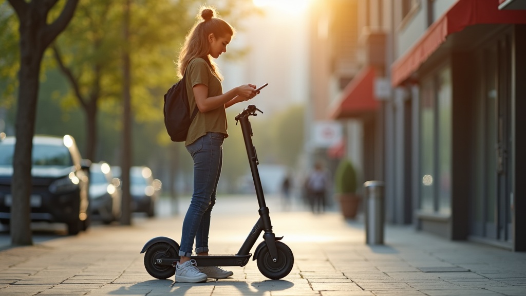 電動キックボード購入前にスマートフォンで情報を調べる女性