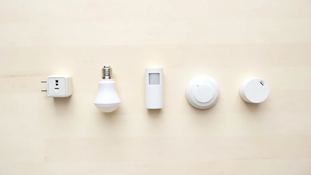 Thread対応スマートプラグ・スマート電球・開閉センサーなどMatter対応デバイス8製品の俯瞰整列写真