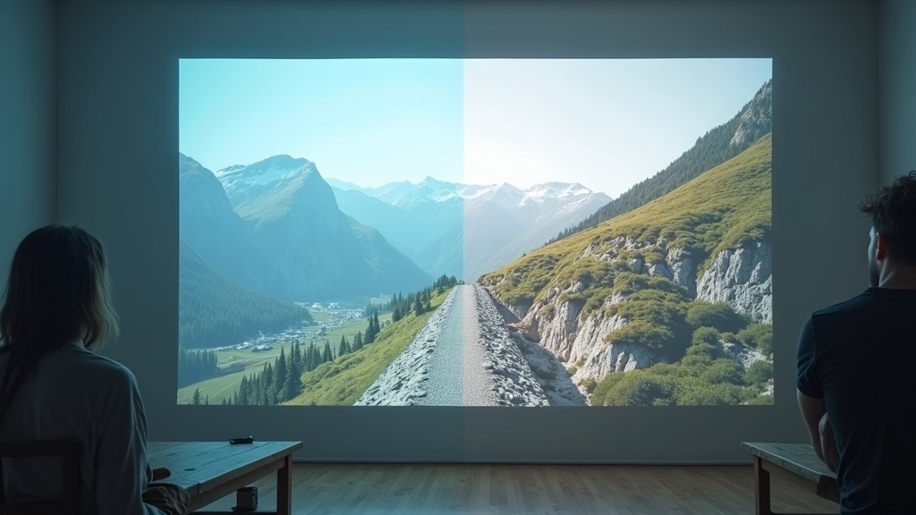 プロジェクタースクリーンに映し出された4K映像の解像感を示すクローズアップ比較