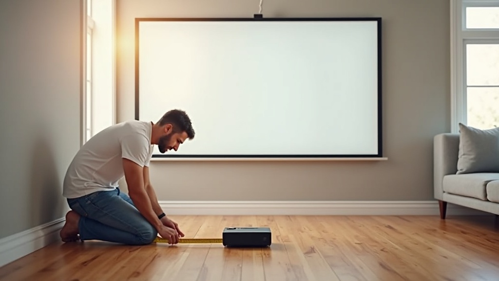 プロジェクターの設置距離をメジャーで計測しているリビングルームのシーン