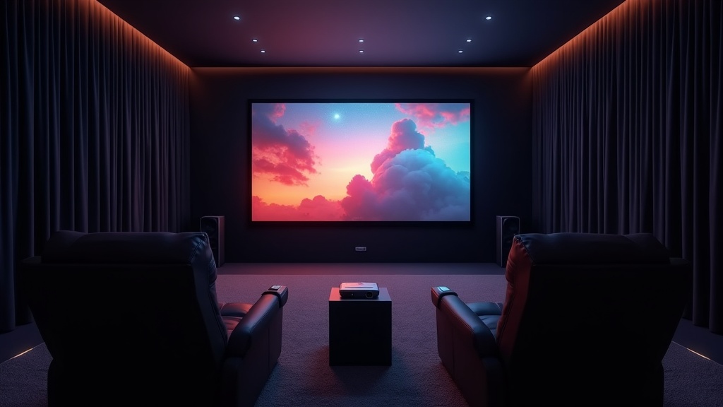 遮光カーテンと外部スピーカーを備えた理想的なホームシアタールームの設置例