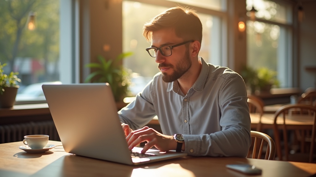 カフェで充電なしにノートPCを長時間使用するシーン、バッテリー持続時間の比較イメージ