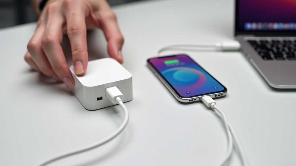 GaN充電器1台でスマートフォンとノートPCを同時充電している手元の様子