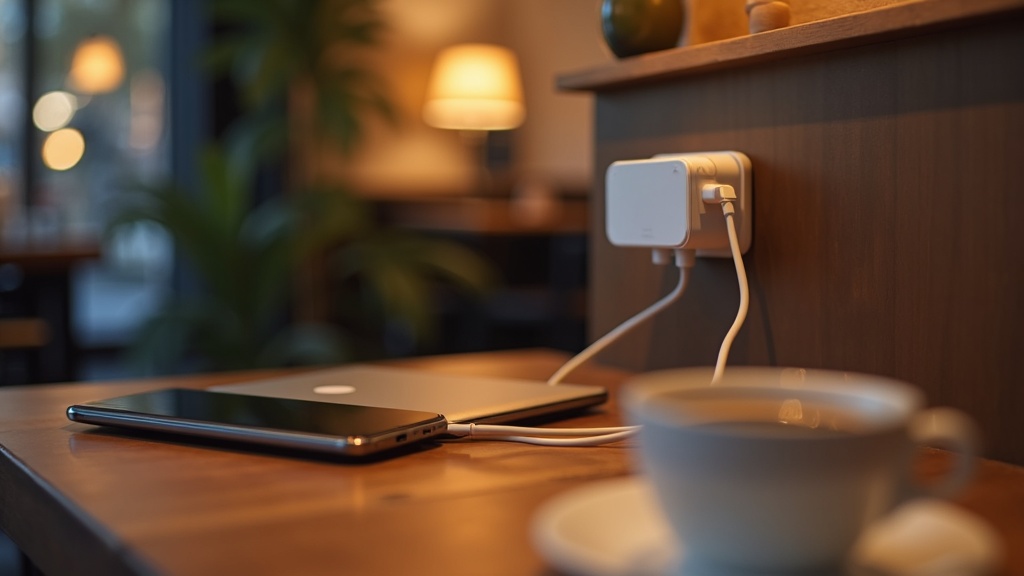 カフェでコンパクトGaN充電器を使いスマートフォンとノートPCを充電する外出先の充電シーン