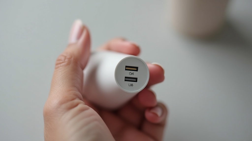 GaN充電器の安全認証ラベルを手のひらで確認しているクローズアップ写真