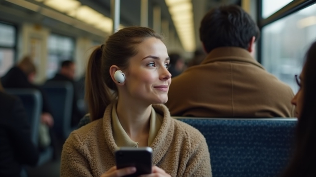 通勤電車内でワイヤレスイヤホンを使って音楽を聴く女性