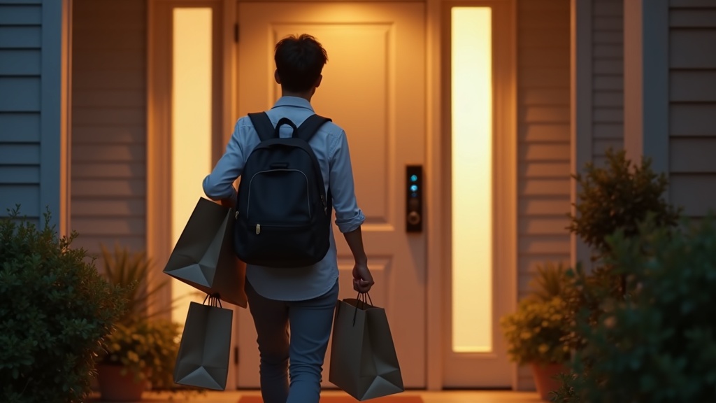 両手に荷物を持ったまま手ぶらでスマートロックを解錠する様子