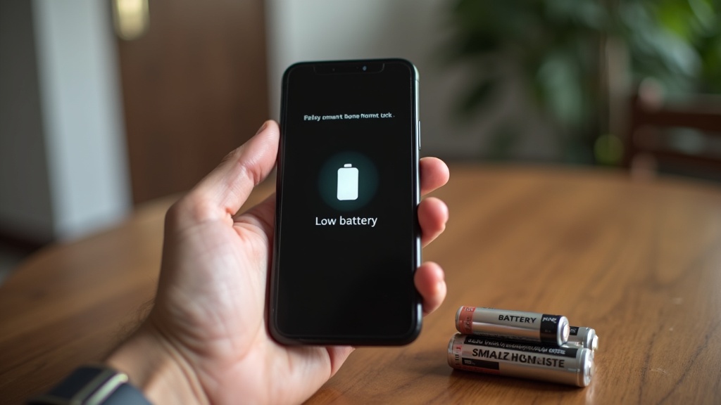 スマートロックアプリの電池残量低下通知を受け取りスマートフォンで確認している様子