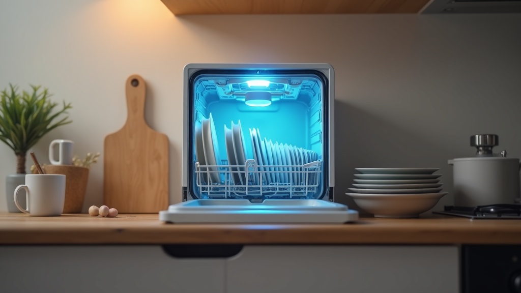 賃貸キッチンのカウンターに置かれた工事不要のコンパクト卓上型食洗機