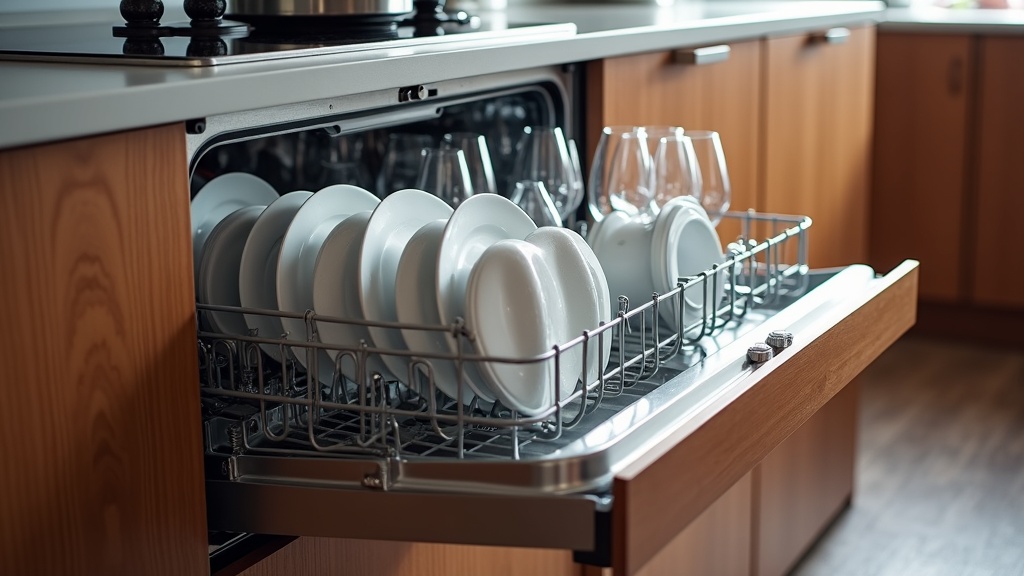 システムキッチンに埋め込まれたビルトイン型食洗機の大容量庫内