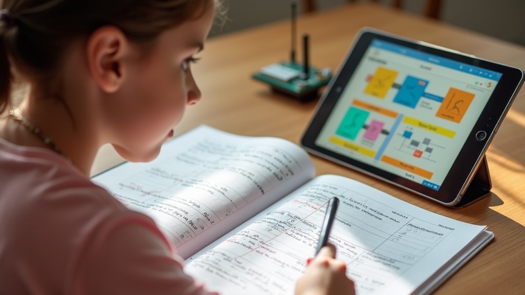 小学生がプログラミングキットで測定したデータをノートにまとめて自由研究レポートを作成している様子