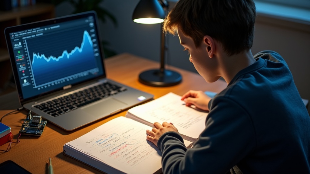 中学生が温湿度センサーとマイコンボードで計測したデータをグラフ化して自由研究にまとめている様子