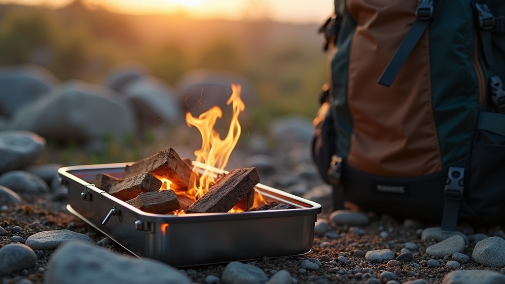 バックパックと並べたソロキャンプ用の超軽量薄型焚き火台