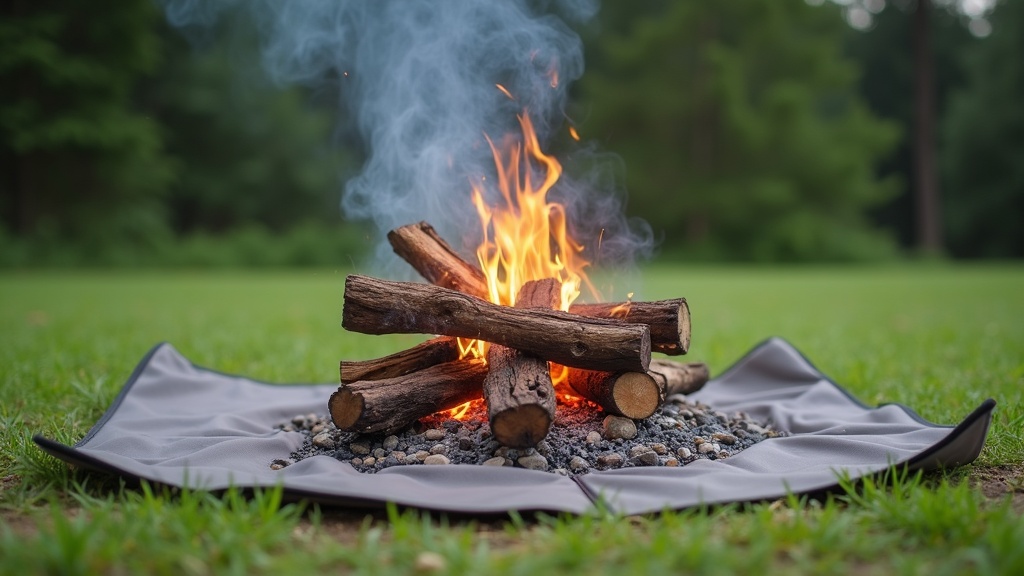 芝生の上にスパッタシートを敷いた焚き火台で地面を保護している様子