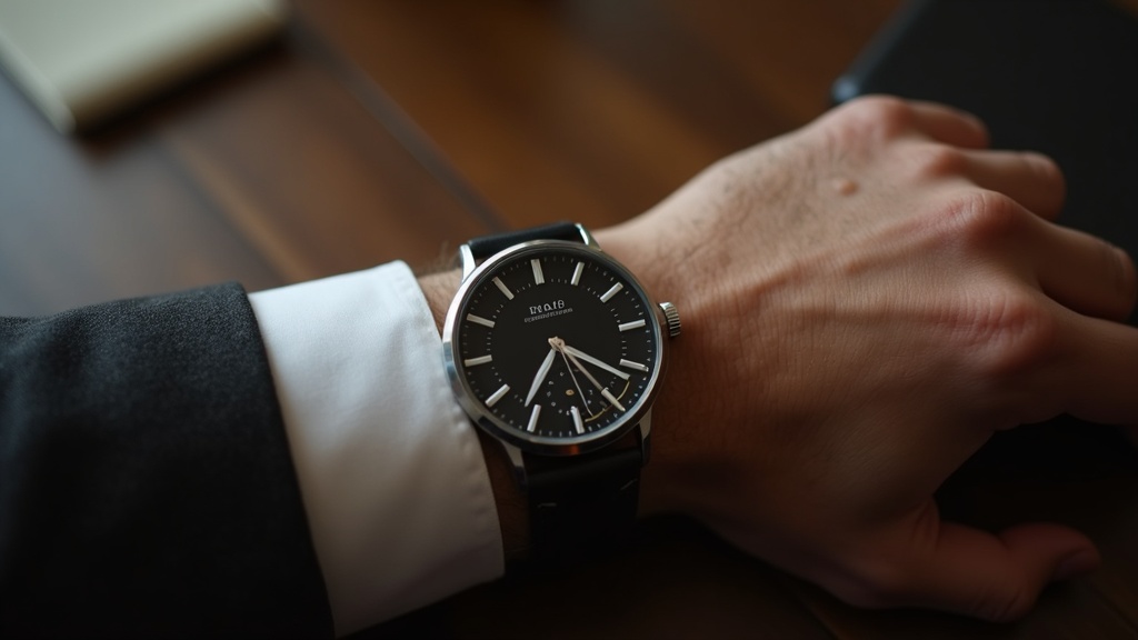 スーツのシャツ袖口に機械式腕時計を着用した男性の手首アップ