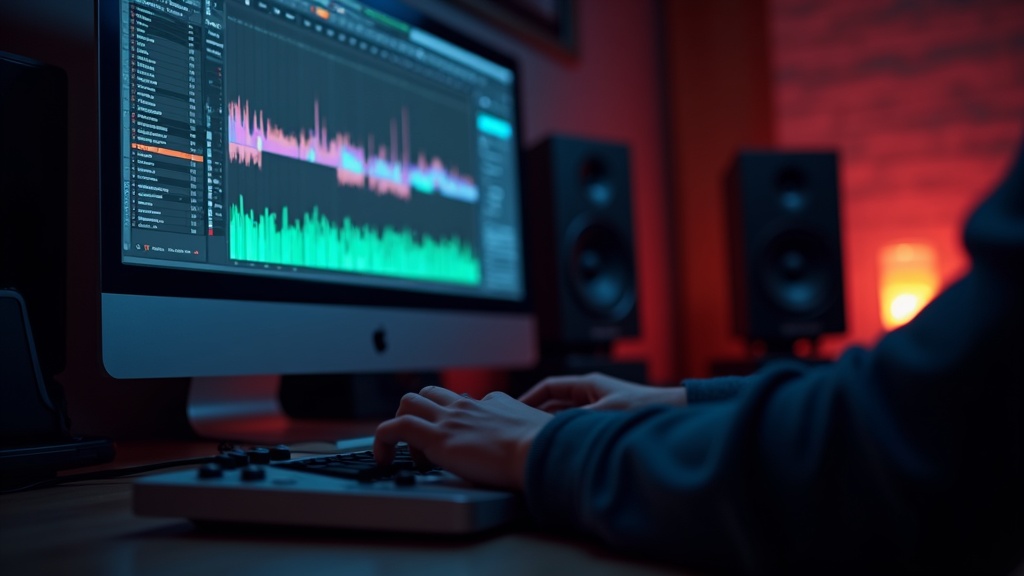 DAWソフトのピアノロールとミキサー画面が表示されたモニターと自宅スタジオ環境