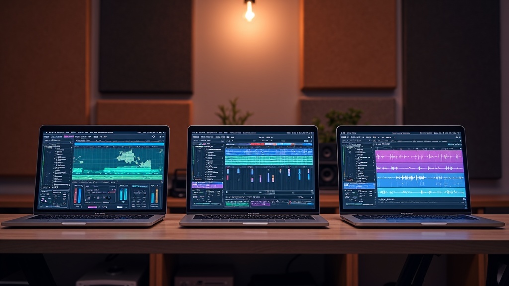 3台のノートパソコンにそれぞれ異なるDAWソフトのインターフェースを表示した比較イメージ