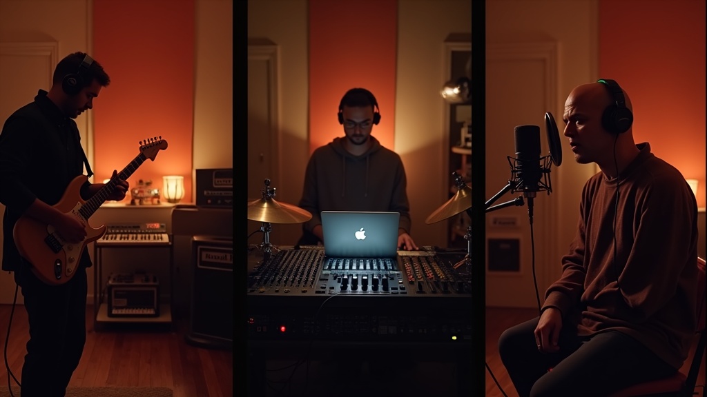 ギター演奏・ビートメイク・ボーカル録音という異なる音楽制作スタイルを並べた3分割のイメージ写真