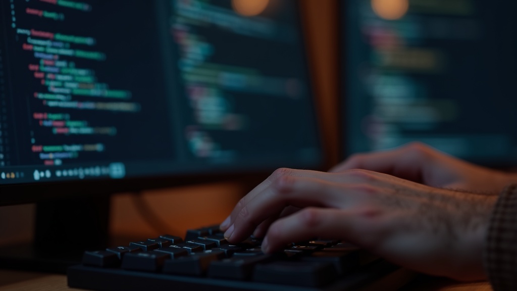 AIコード補完がリアルタイムで候補を表示するエディタ画面とエンジニアの手元