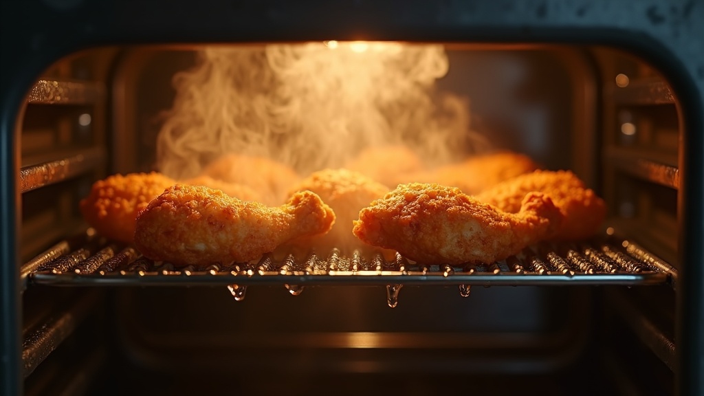 オーブンレンジ内で過熱水蒸気が唐揚げに当たり余分な油が落ちているヘルシー調理の様子