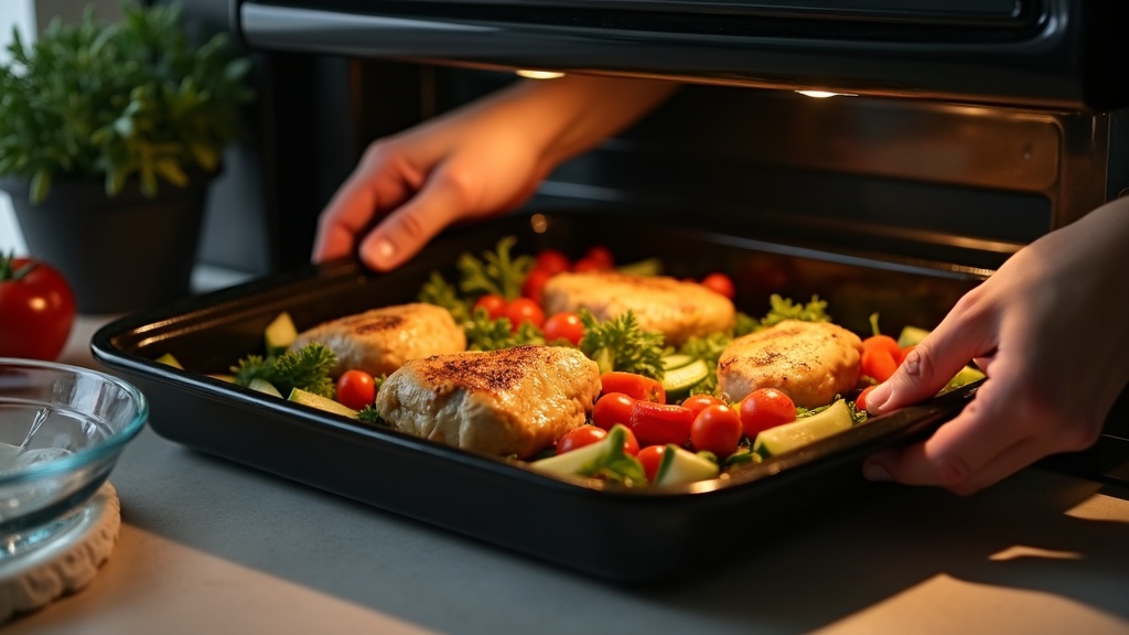 オーブンレンジの角皿に食材を均等に並べる正しい使い方を示したキッチンでの手元写真