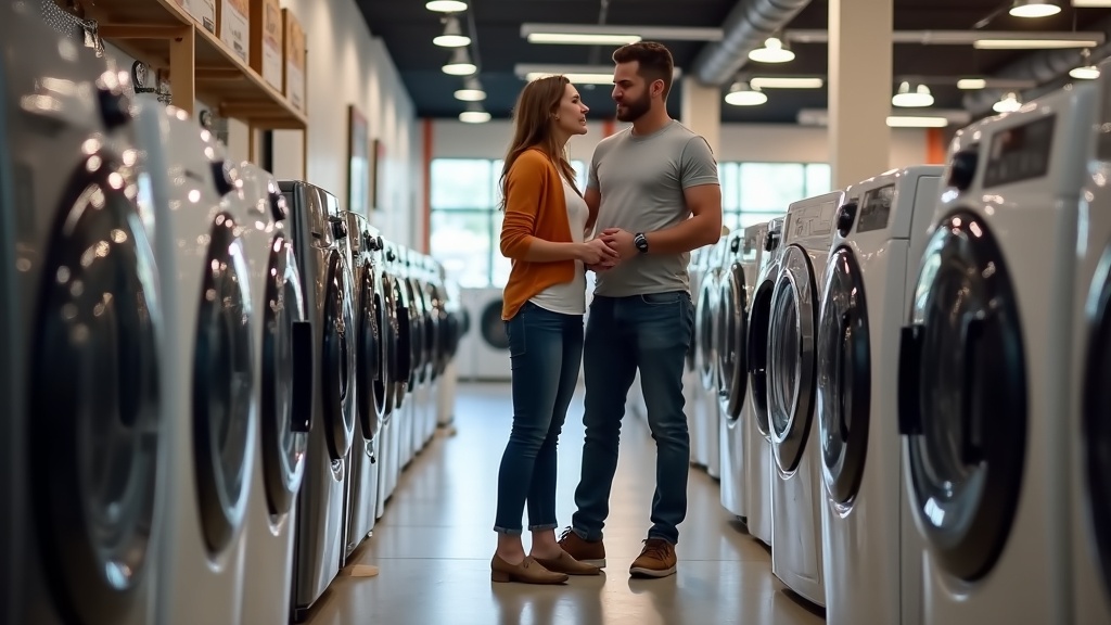 家電量販店でドラム式洗濯乾燥機を比較検討するカップル
