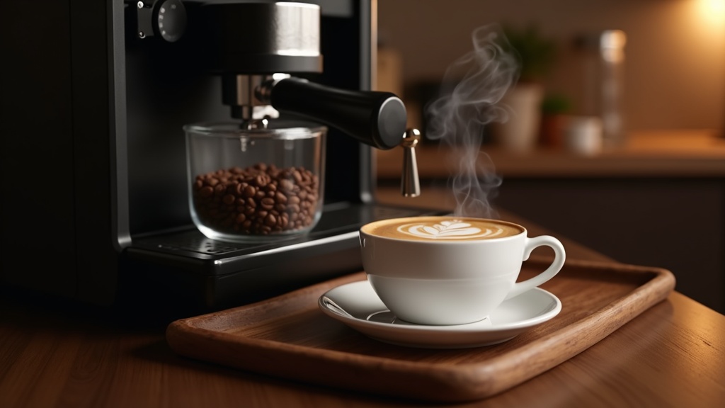 全自動コーヒーマシンのコーヒー豆ホッパーとラテアートのカプチーノカップ