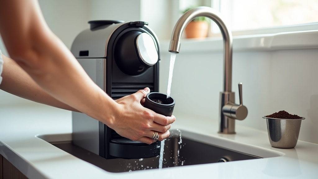 全自動コーヒーマシンのドリップトレーと豆カスコンテナを水洗いしているメンテナンス場面