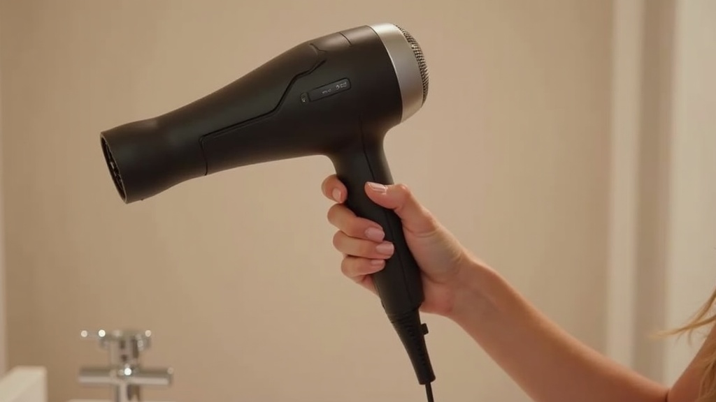 ハンドル内蔵モーター設計のプレミアムヘアドライヤーを持つ手元