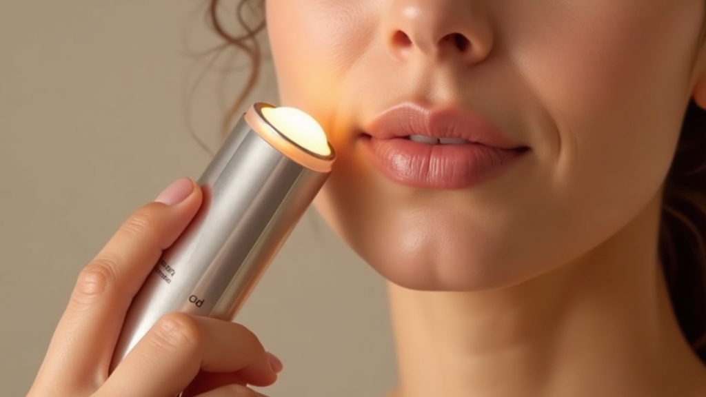 頬のフェイスラインに美顔器を当てている女性の手元