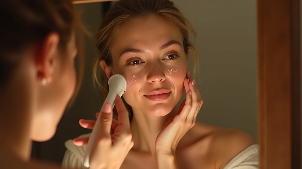 スキンケアルーティン中に美顔器を正しく使用している女性