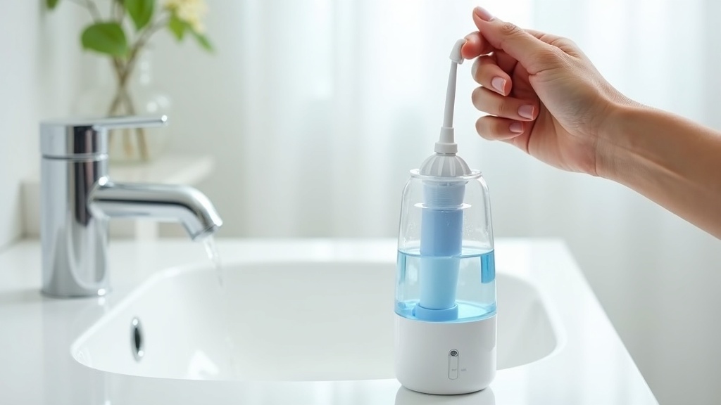 デスクトップ型口腔洗浄器（ウォーターフロッサー）の使用シーン。ノズルから水流が放出されている