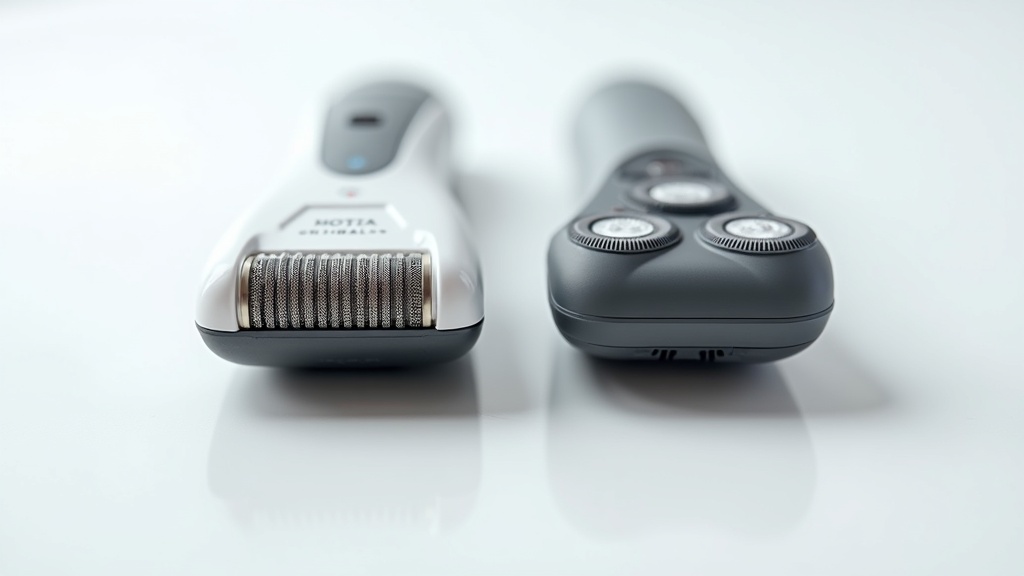 往復式と回転式の電気シェーバーを並べた刃の構造比較